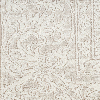 Beige traditional damask area rug with cream floral pattern and decorative border in soft neutral tones.