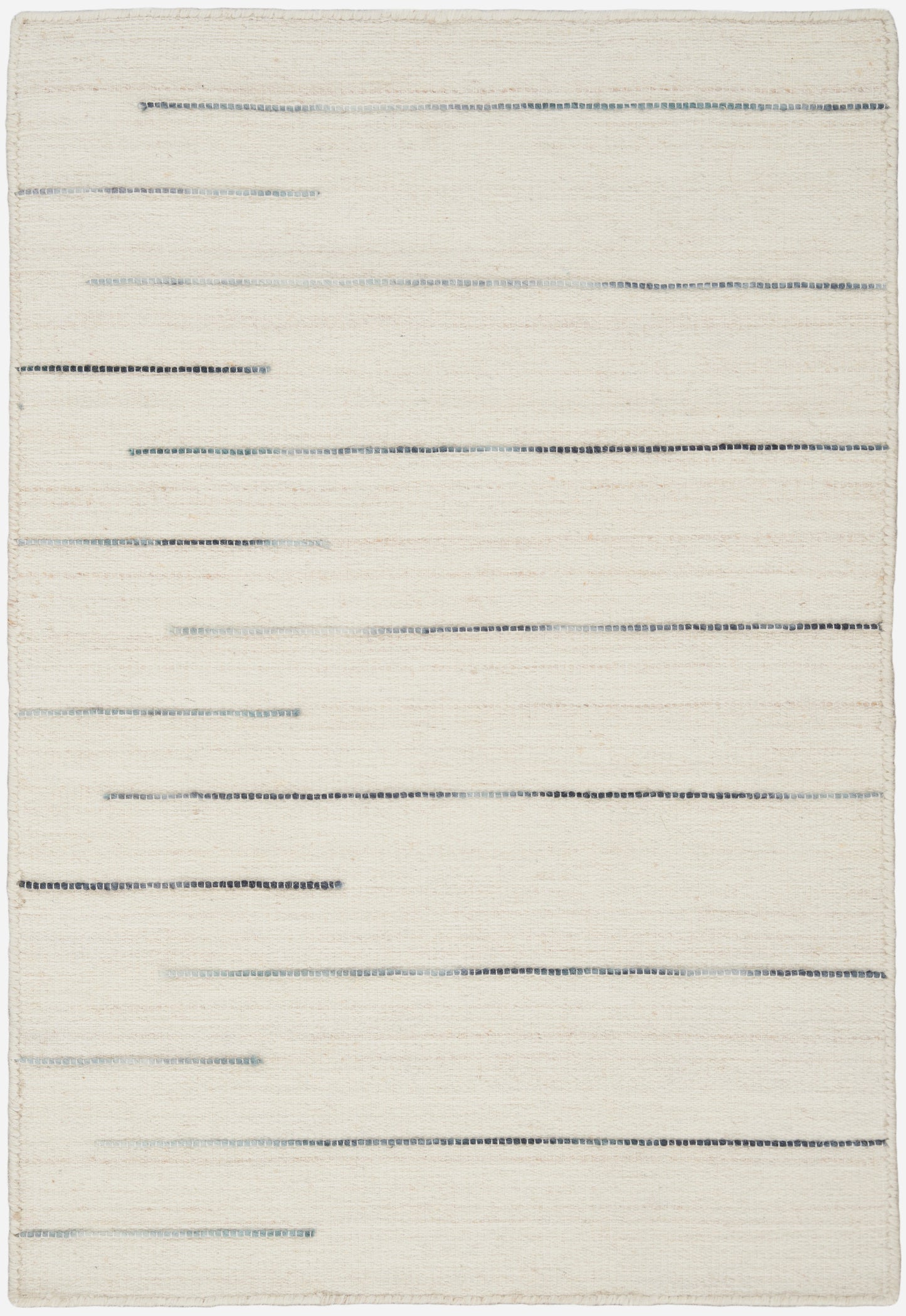Cream woven rug with slim blue-gray dashed horizontal stripes across a neutral field.