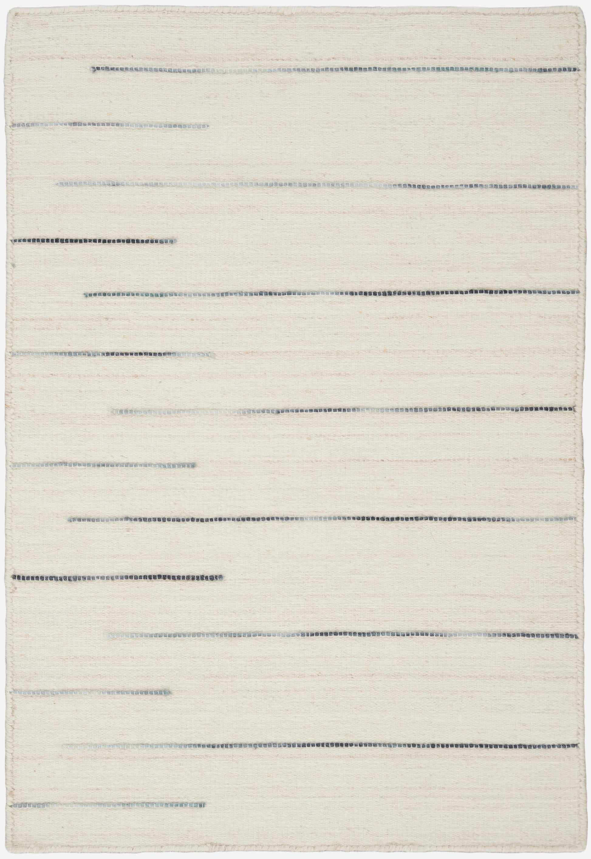 Cream woven rug with slim blue-gray dashed horizontal stripes across a neutral field.