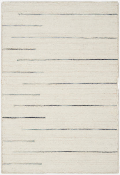 Cream woven rug with slim blue-gray dashed horizontal stripes across a neutral field.