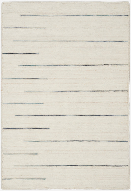Cream woven rug with slim blue-gray dashed horizontal stripes across a neutral field.