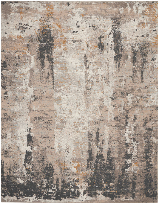 Rectangular abstract distressed rug in beige, taupe, gray and black with subtle orange accents.