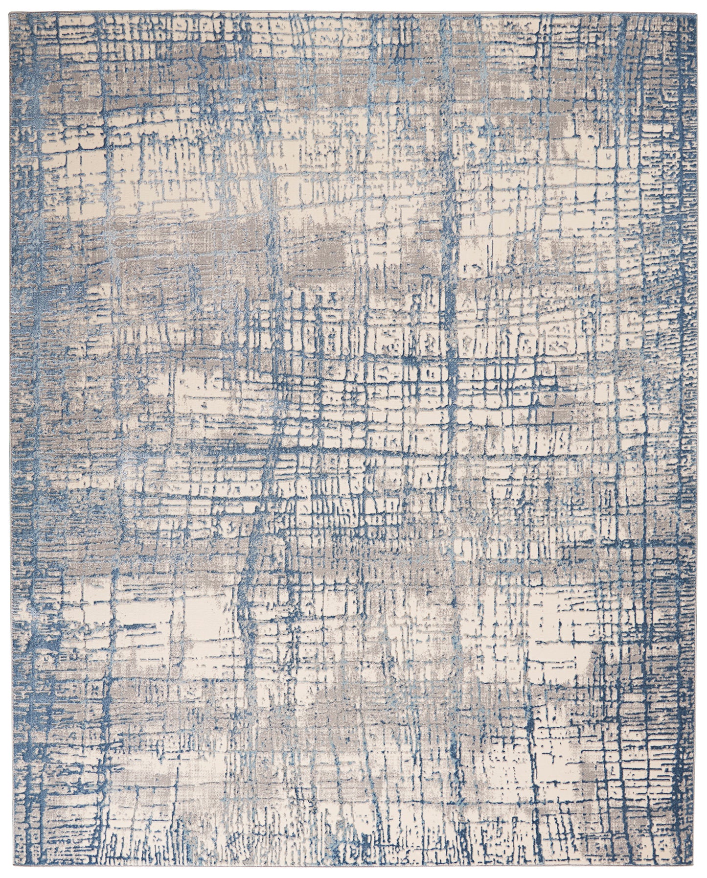 Blue and beige distressed abstract rug with grid motif, modern decor, soft pile.