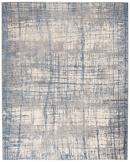 Blue and beige distressed abstract rug with grid motif, modern decor, soft pile.