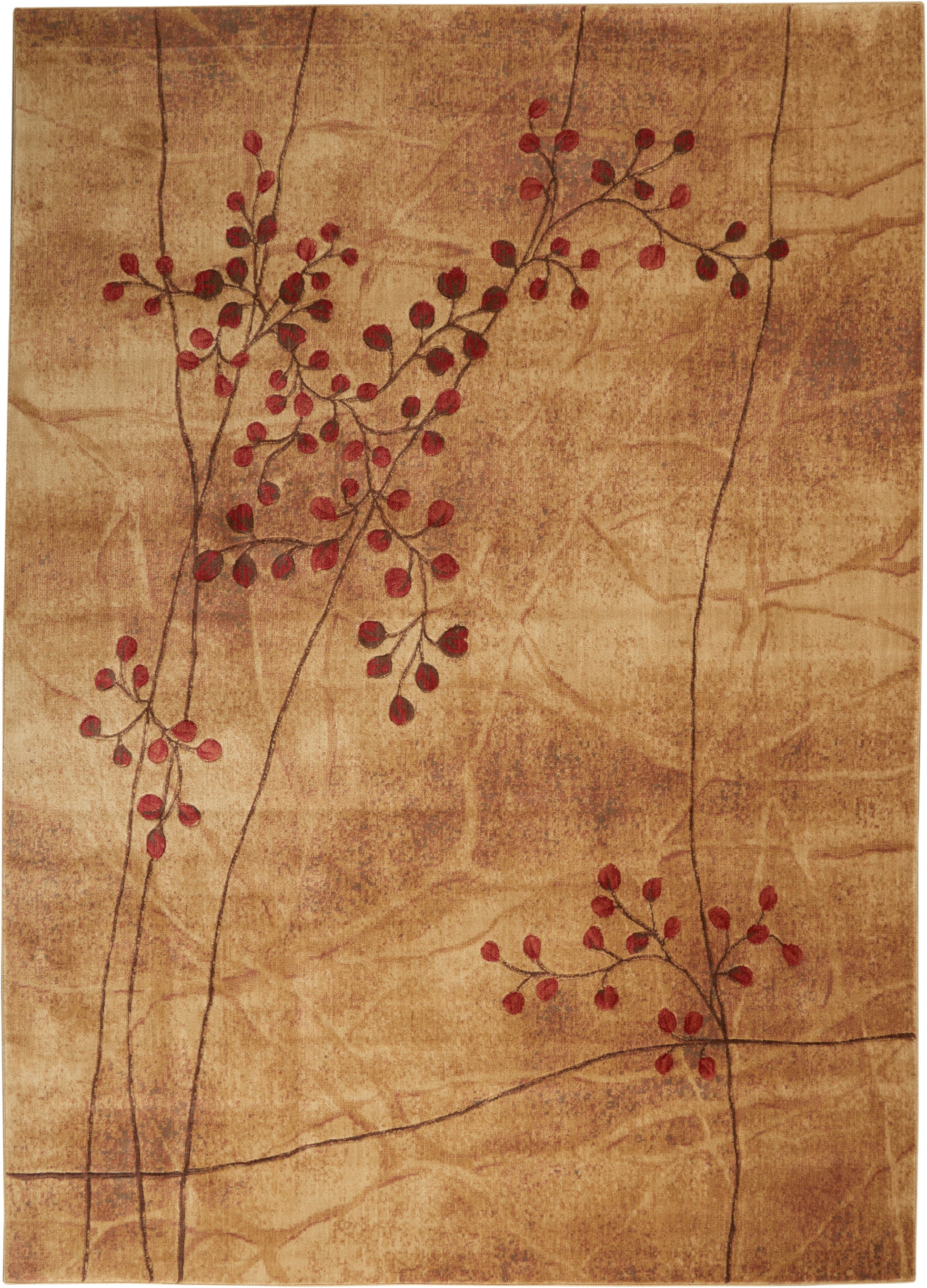 Rectangular tan textured rug with red berry branches, a warm botanical accent.
