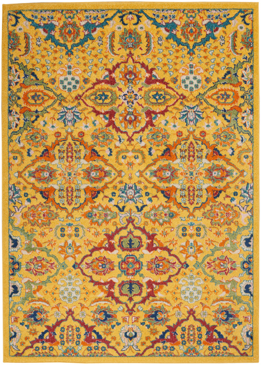 Yellow oriental rug with intricate multicolor floral medallions in teal, red, blue and cream; decorative border.