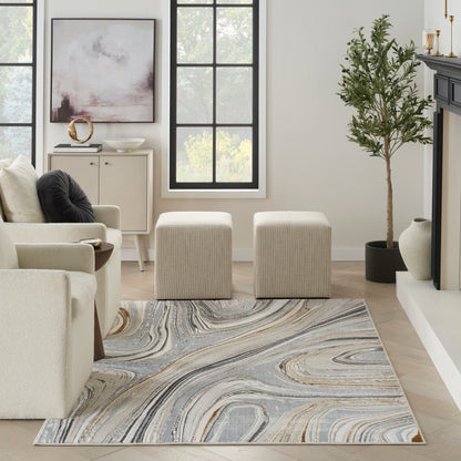 Neutral living room: cream sofa, beige cube ottomans, swirl gray-blue-tan area rug, black-framed windows, potted plant.