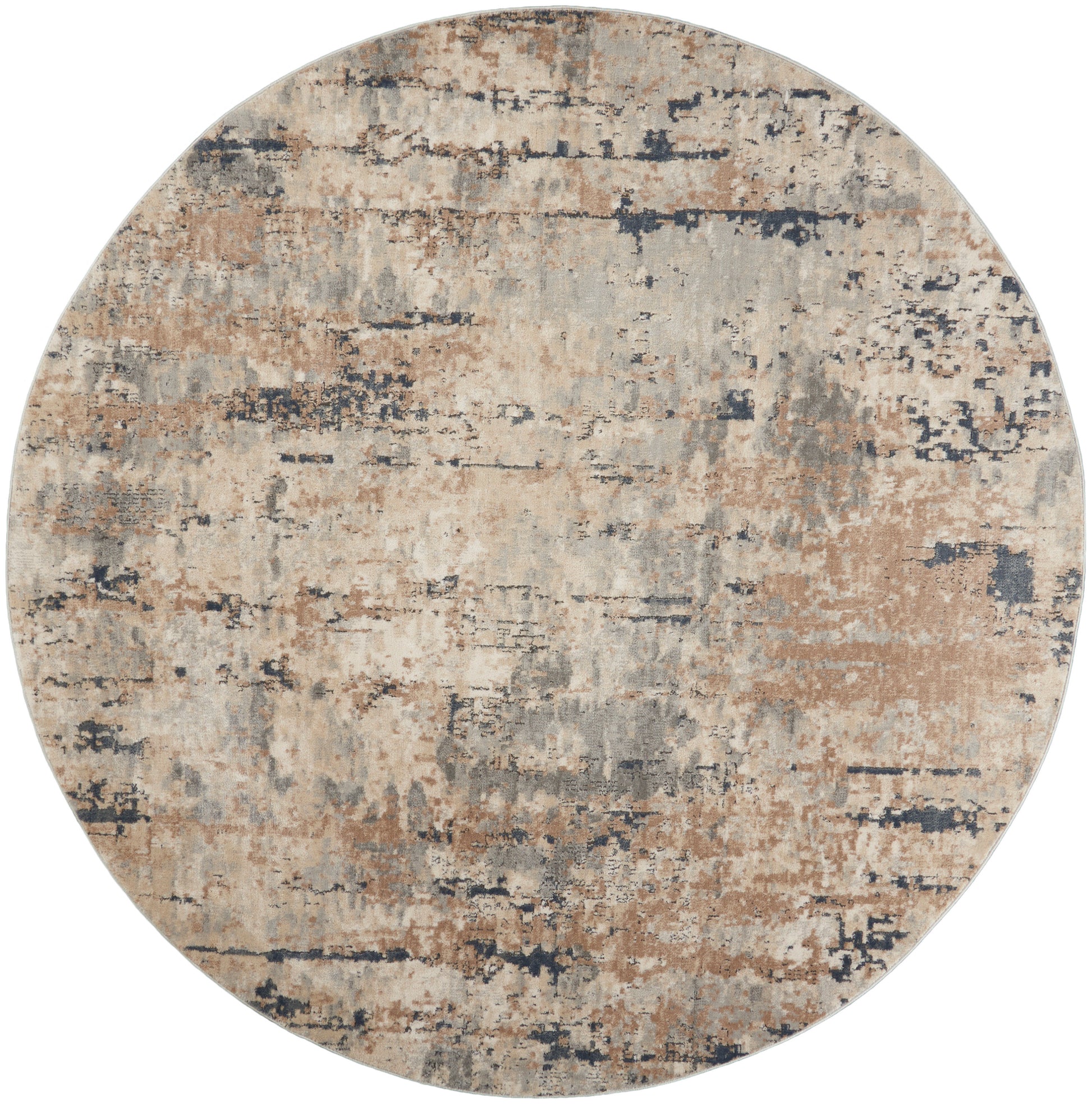 Round area rug with abstract beige, tan, gray & navy distressed pattern, soft woven texture, modern rustic style.