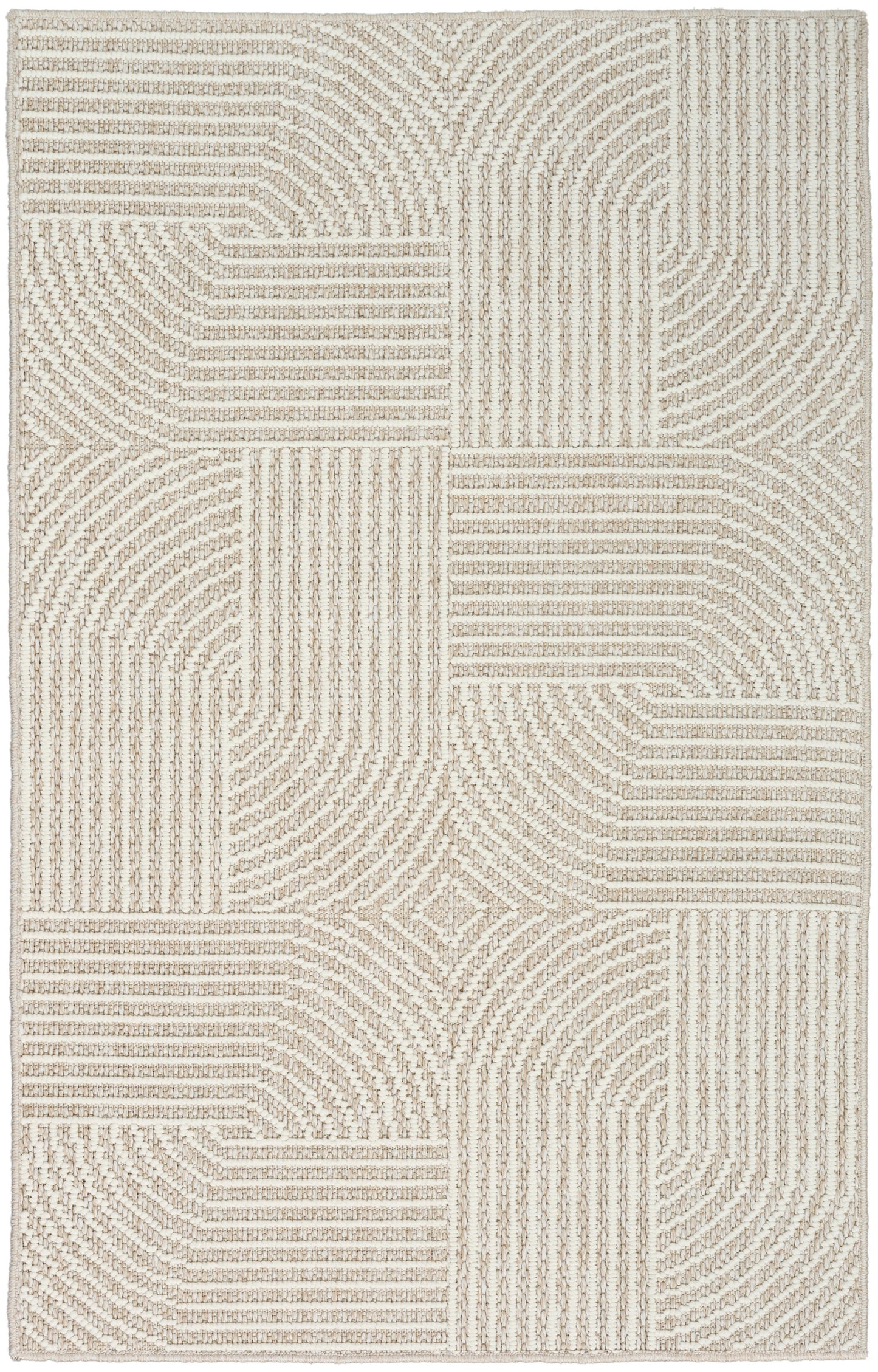 Beige cream geometric patchwork rug with raised loop texture; rectangular, ideal for living rooms.