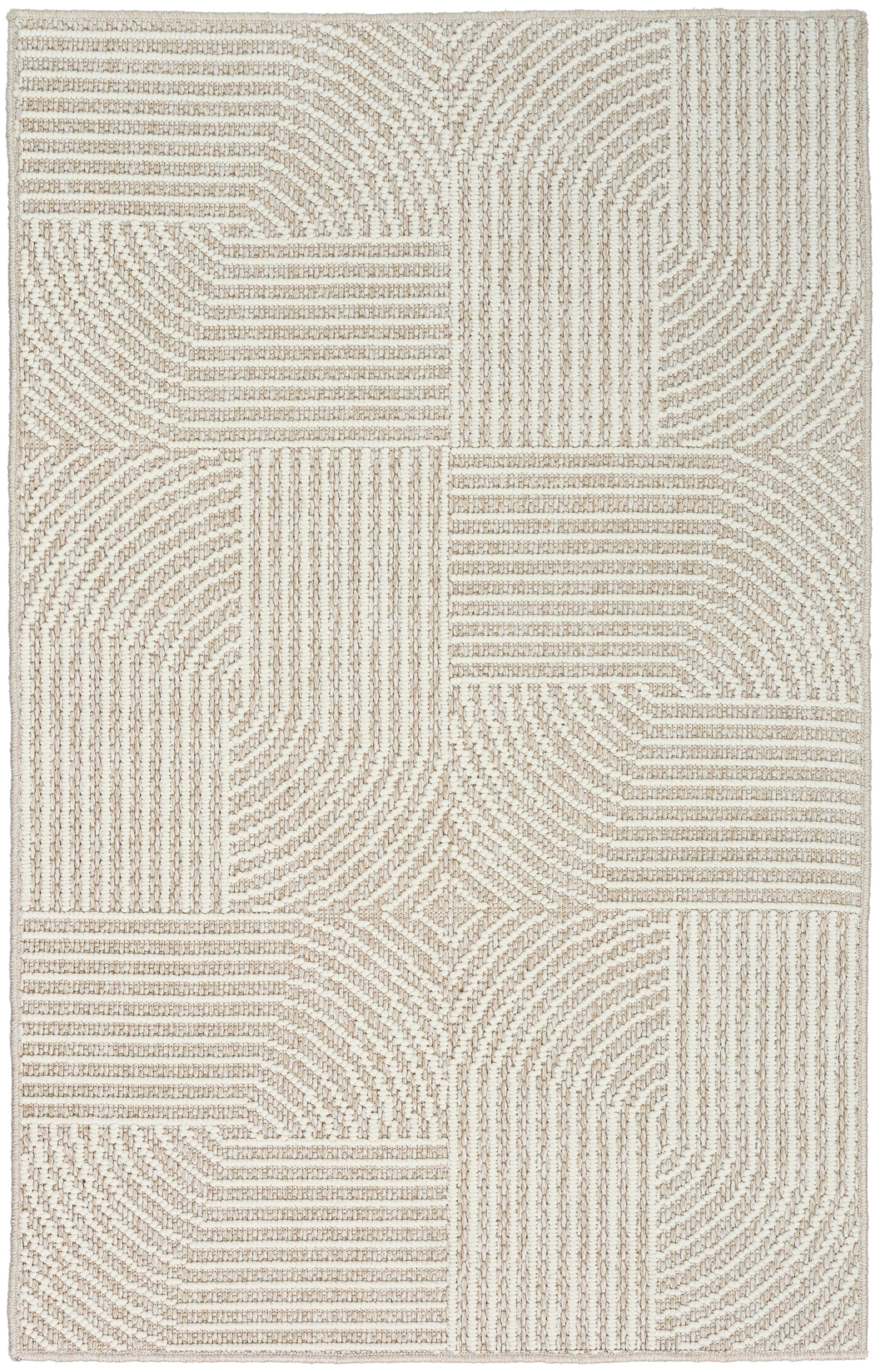 Beige cream geometric patchwork rug with raised loop texture; rectangular, ideal for living rooms.