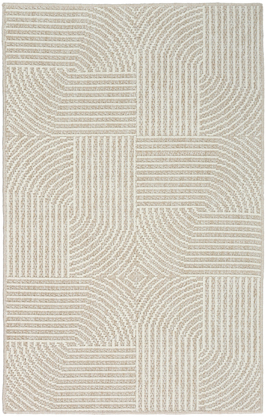 Beige cream geometric patchwork rug with raised loop texture; rectangular, ideal for living rooms.