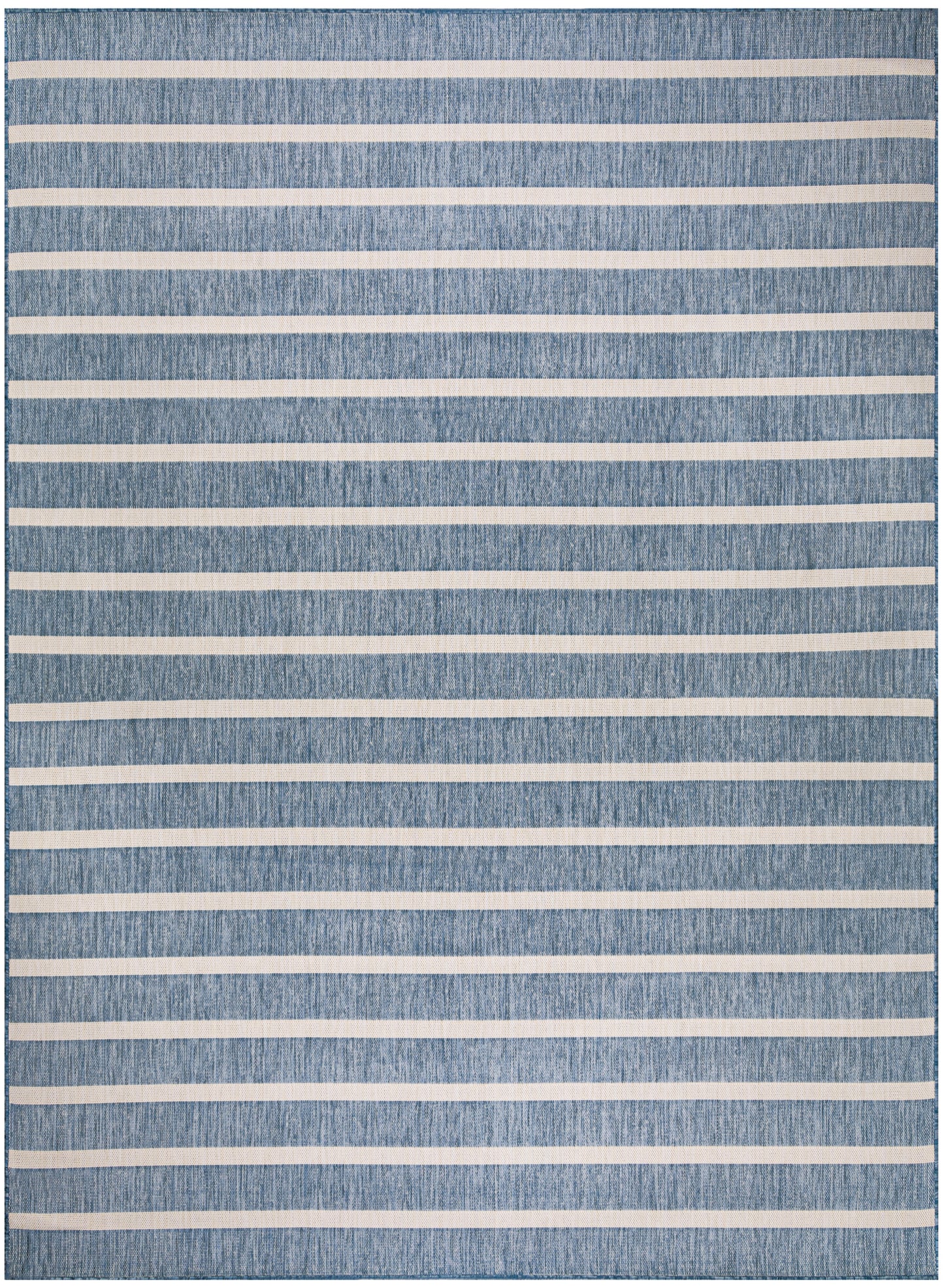 Blue denim-textured rug with evenly spaced white horizontal stripes; rectangular, casual living-room rug.