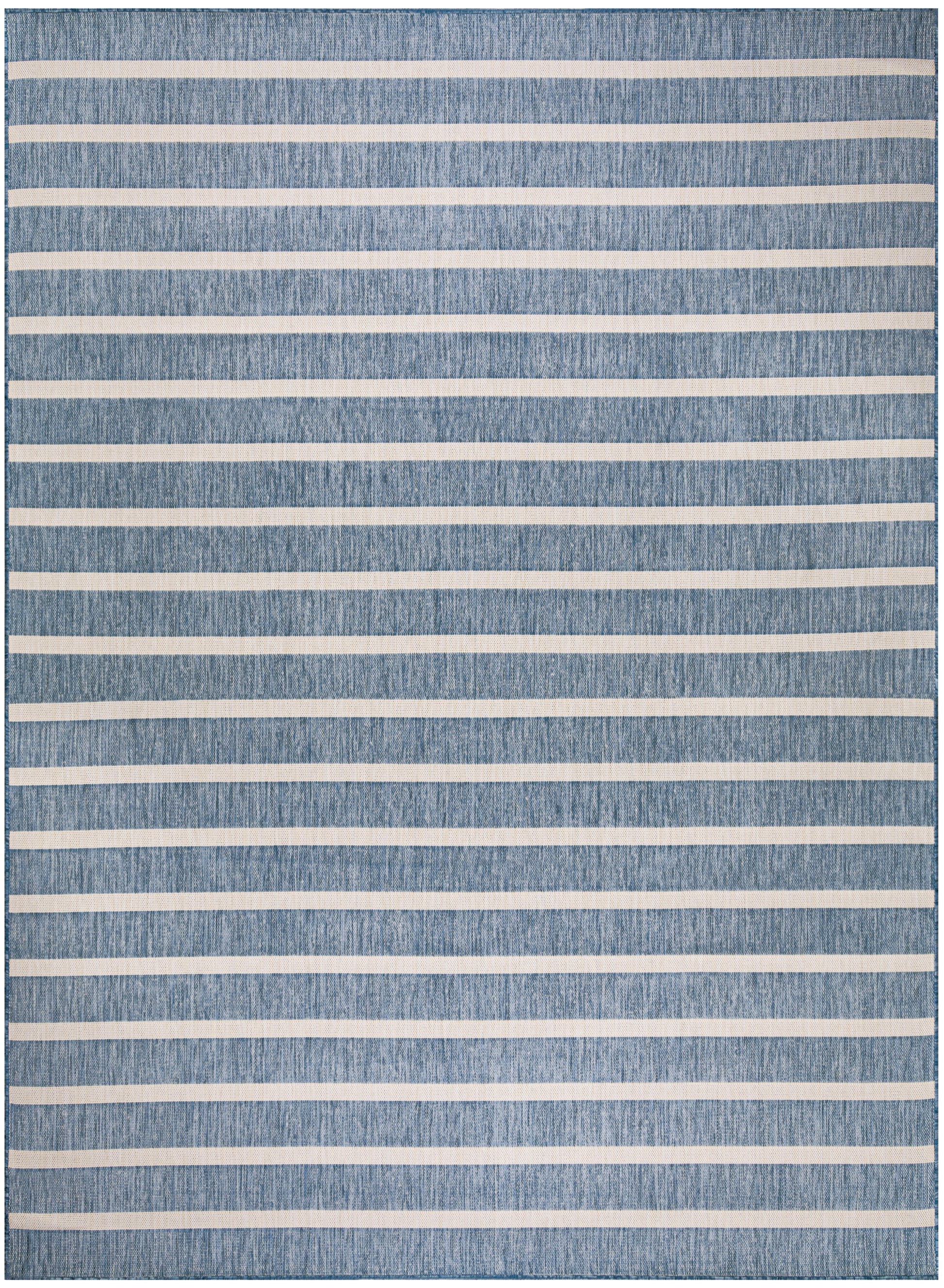 Blue denim-textured rug with evenly spaced white horizontal stripes; rectangular, casual living-room rug.