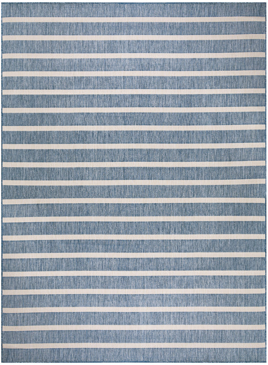 Blue denim-textured rug with evenly spaced white horizontal stripes; rectangular, casual living-room rug.