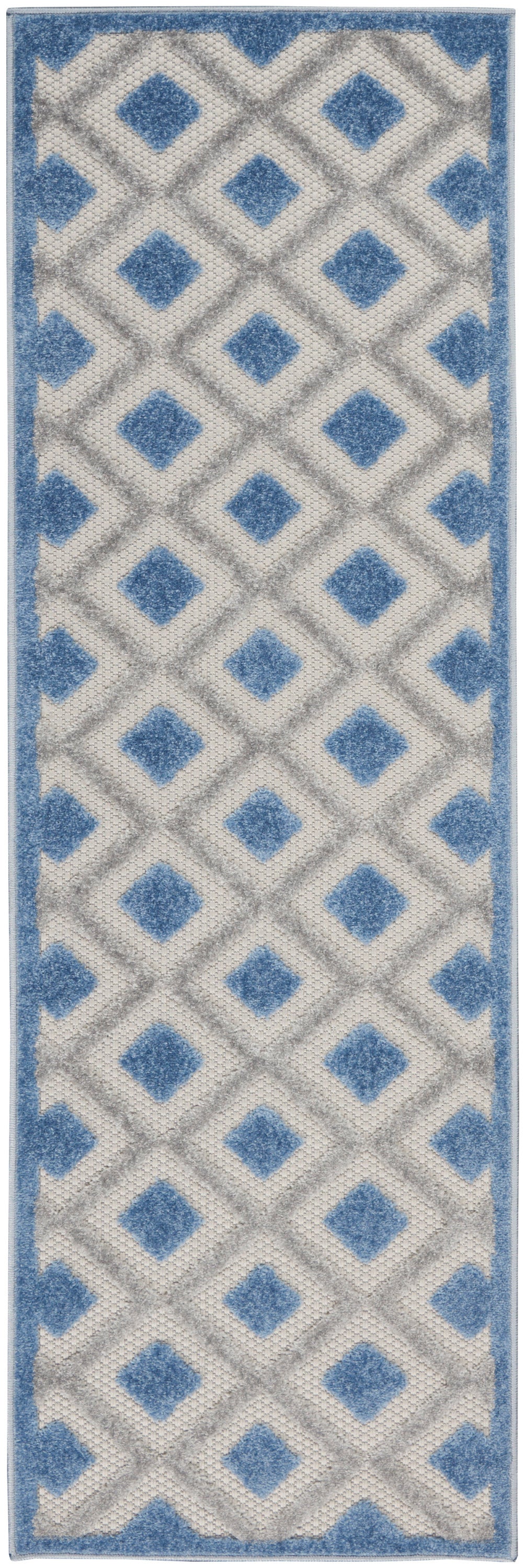 Rectangular 8' runner rug with blue diamond lattice on a gray field and a blue border.