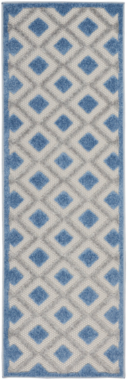 Rectangular 8' runner rug with blue diamond lattice on a gray field and a blue border.