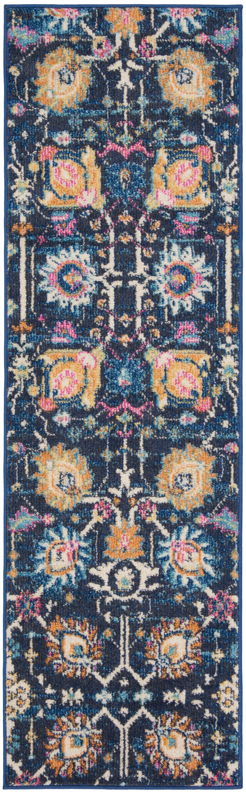 Navy blue oriental runner rug with vibrant orange, pink, teal and ivory florals; intricate symmetrical motif; textured pile.