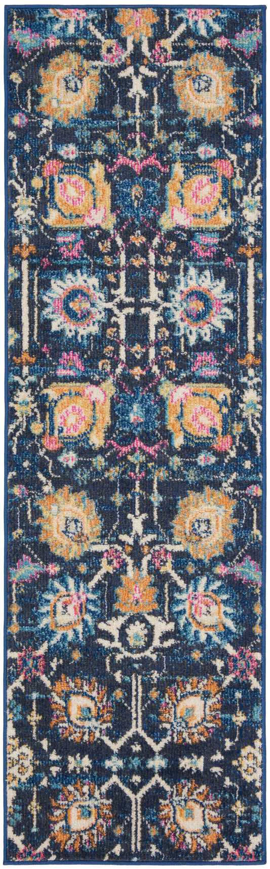 Navy blue oriental runner rug with vibrant orange, pink, teal and ivory florals; intricate symmetrical motif; textured pile.