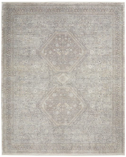 Muted gray-beige distressed Oriental area rug with twin hexagonal medallions and ornate border.