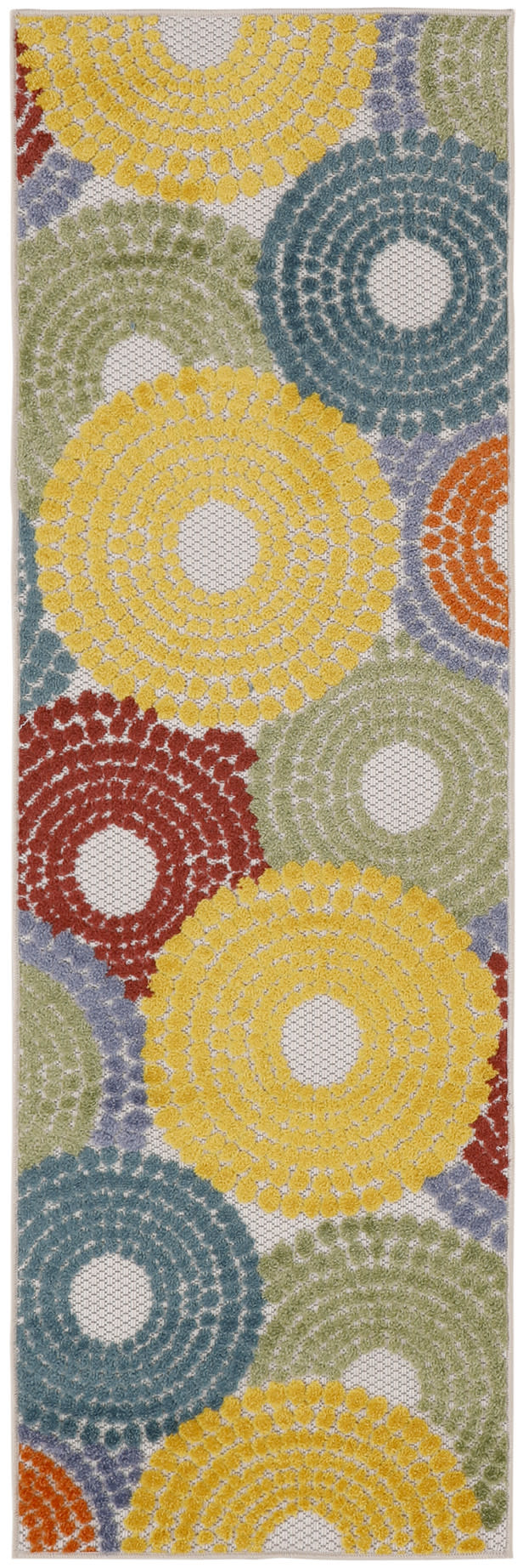 Rectangular rug runner with crochet-style texture and bold circular rosettes in yellow, teal, green, red, and orange.