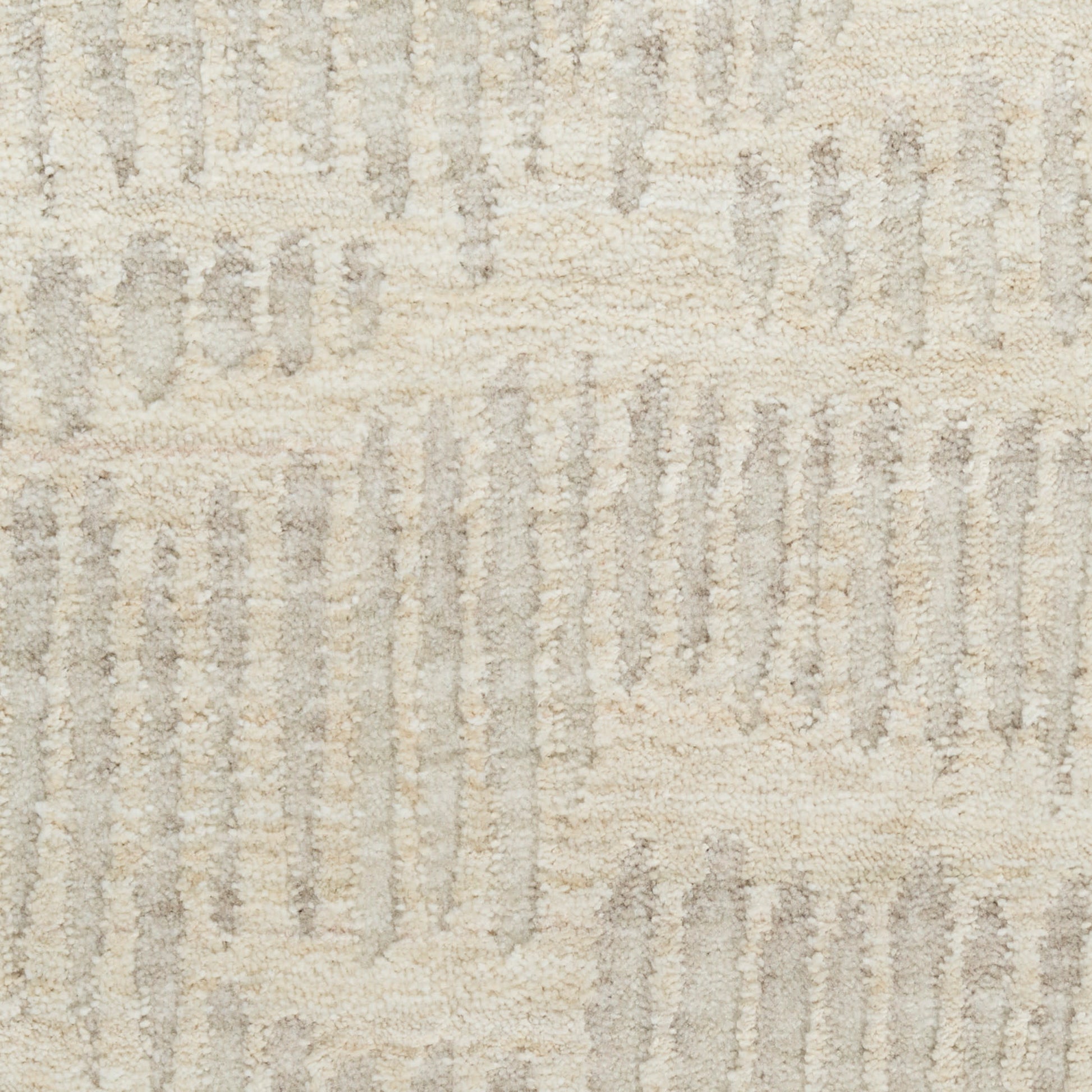 Beige textured rug with light gray vertical brushstroke pattern & soft pile for contemporary living spaces.