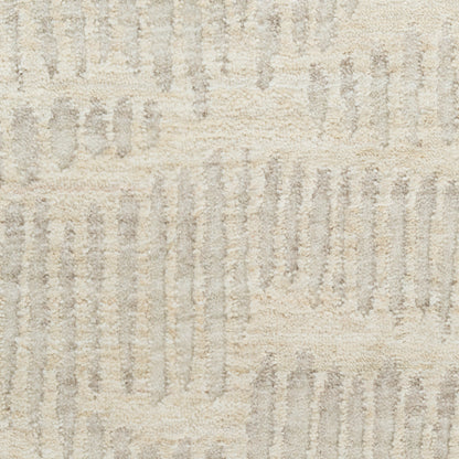 Beige textured rug with light gray vertical brushstroke pattern & soft pile for contemporary living spaces.