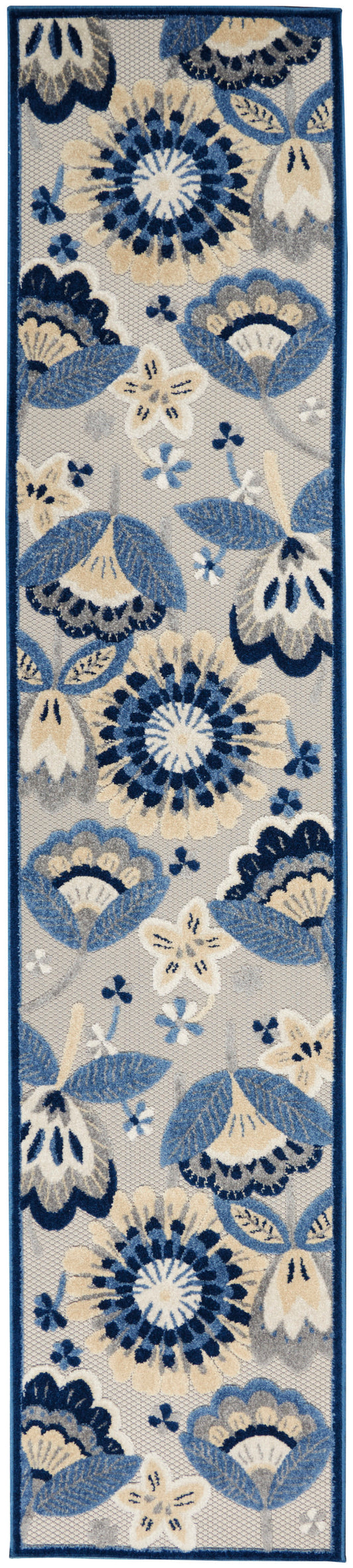 Floral runner rug in blues, beige and ivory with a navy border; long rectangular textured textile.