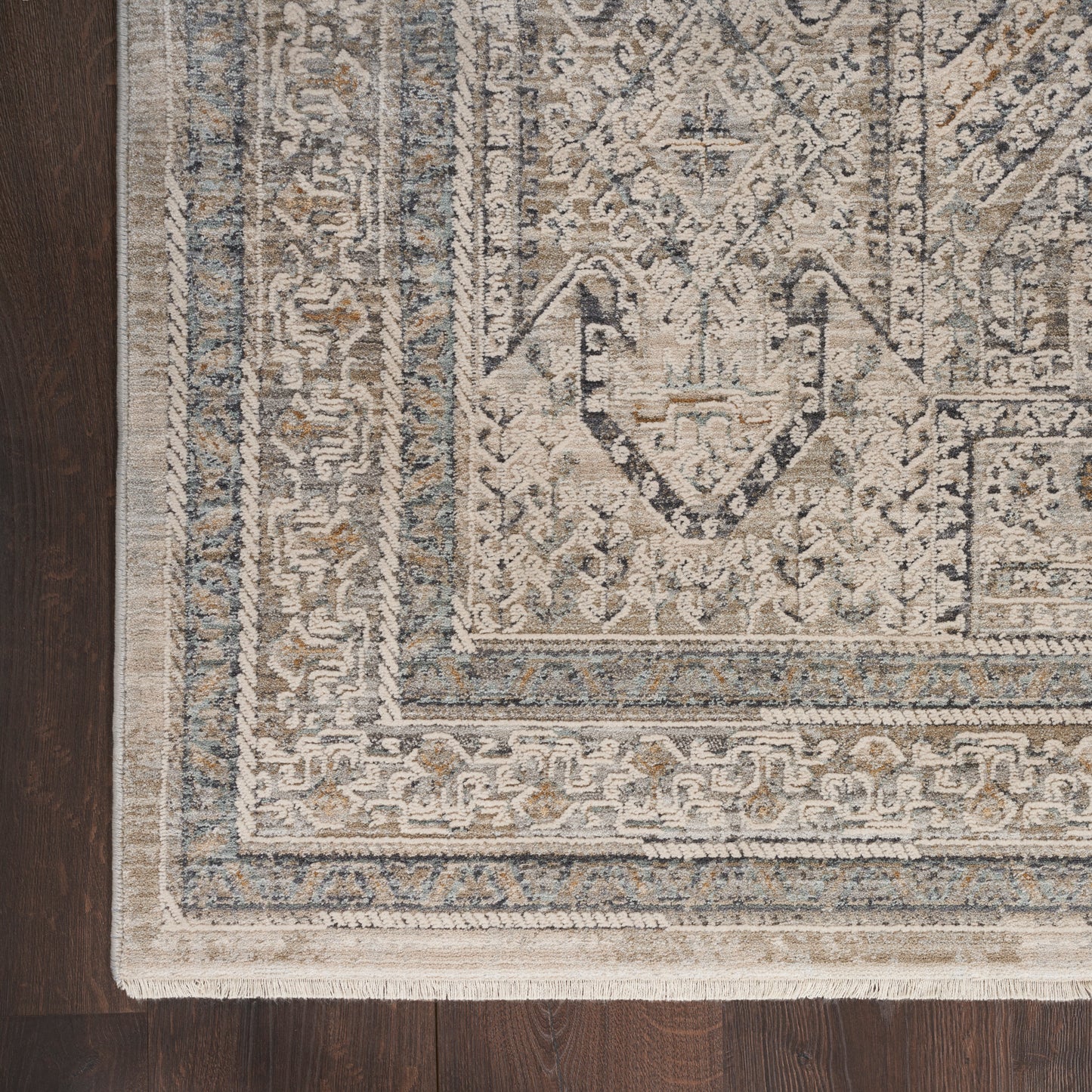 Beige and ivory oriental area rug with blue-gray border, fringe, and geometric motifs on dark wood floor.