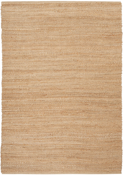 Natural beige jute rug with horizontal ribbed weave; rectangular, rustic floor rug.