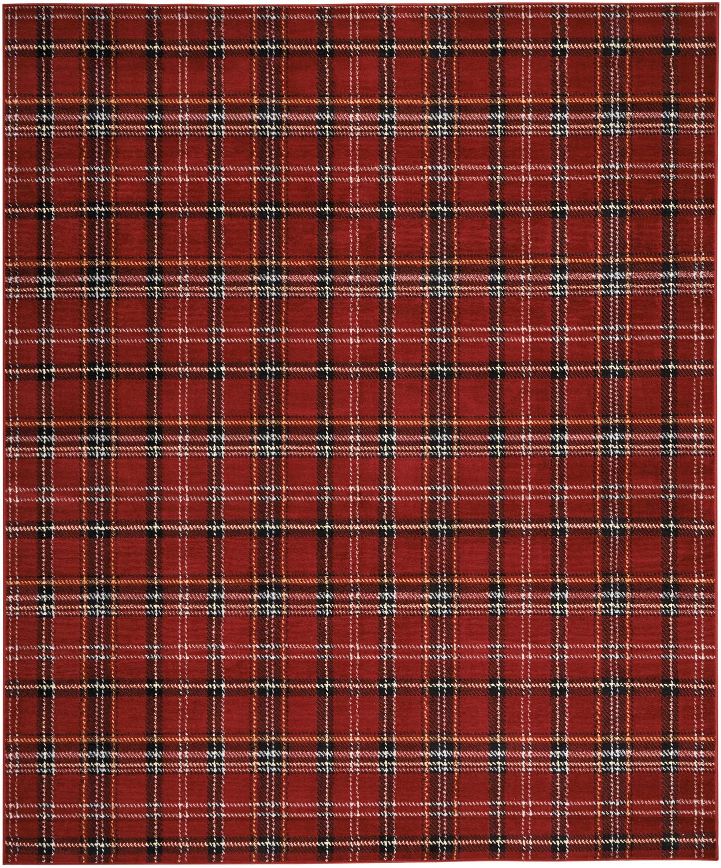 Red plaid tartan fabric with black, white, and blue stripes; woven textile for clothing or home decor