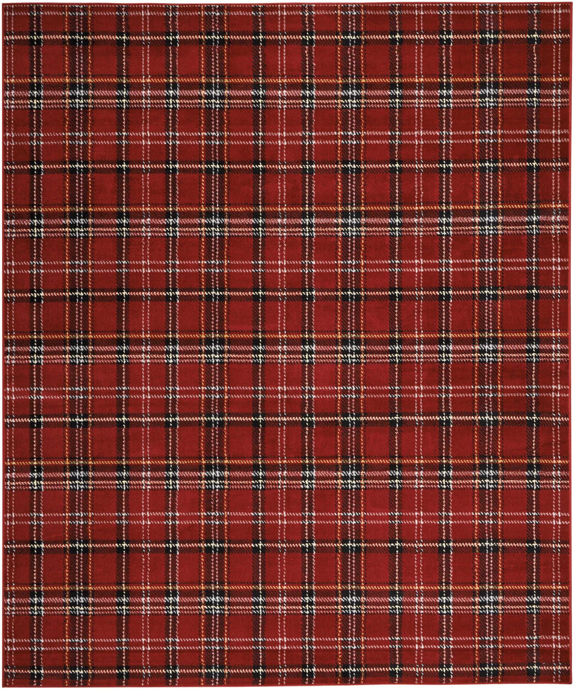 Red plaid tartan fabric with black, white, and blue stripes; woven textile for clothing or home decor