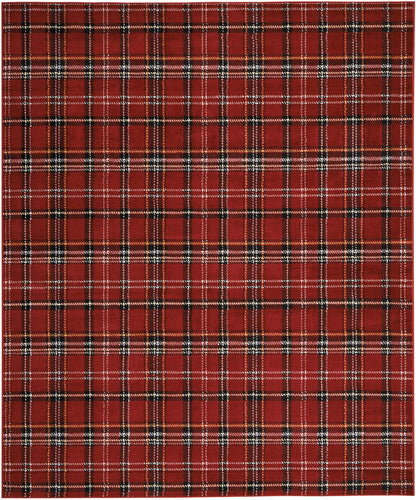 Red plaid tartan fabric with black, white, and blue stripes; woven textile for clothing or home decor