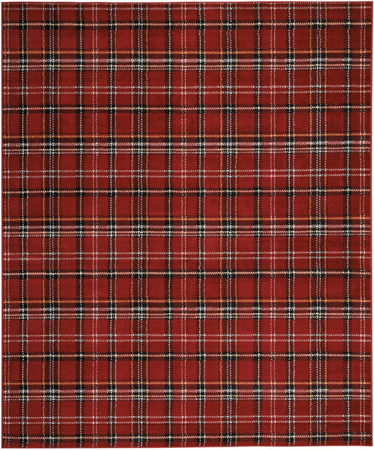 Red plaid tartan fabric with black, white, and blue stripes; woven textile for clothing or home decor