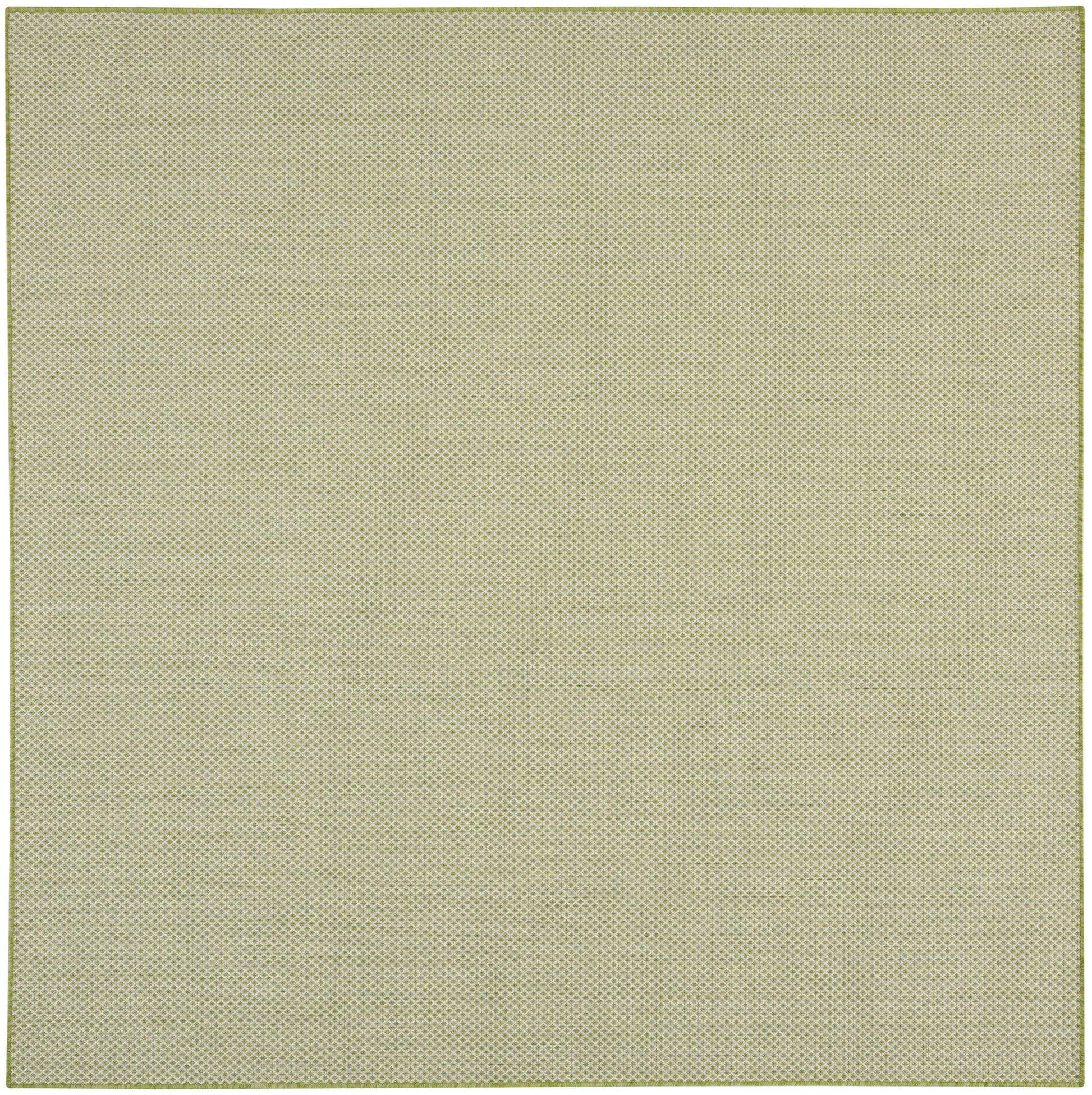Beige rug with a tiny dark dot lattice pattern and an olive-green border, featuring a textured fabric/mesh-style surface.