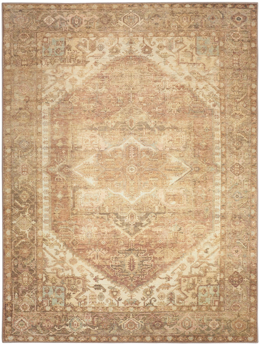 Rectangular vintage-style Oriental rug with central diamond medallion, distressed beige and ivory tones, taupe border.