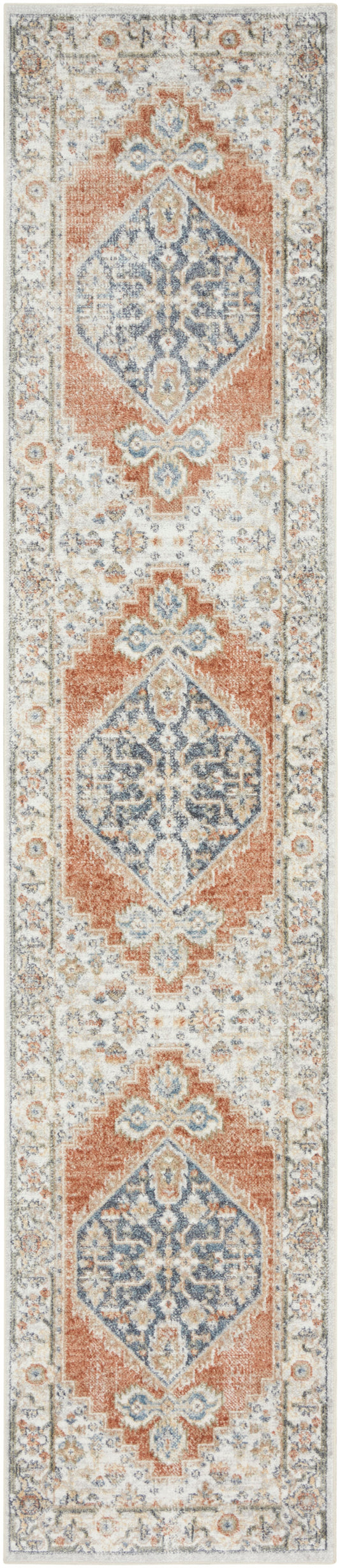 Ornate oriental rug runner with ivory border and repeating peach and blue medallions; Persian-inspired hallway decor.