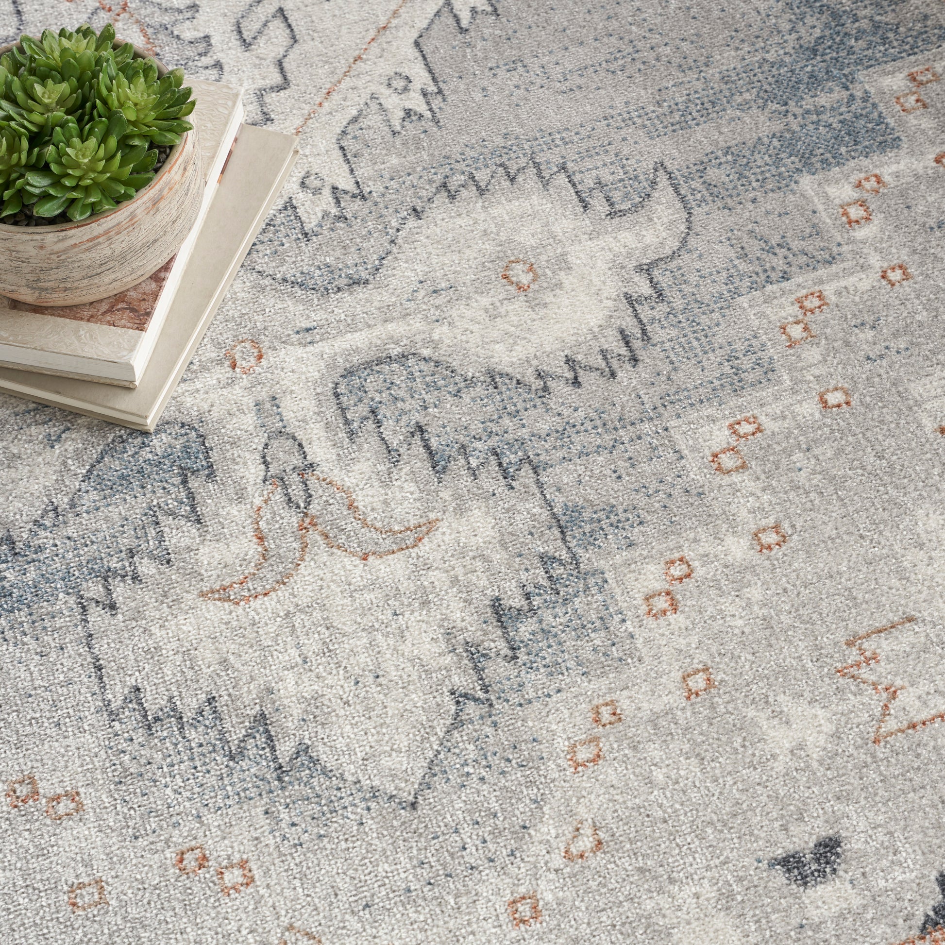 Blue-gray geometric rug with orange accents, potted succulent in ceramic pot on a stack of books for cozy home decor.