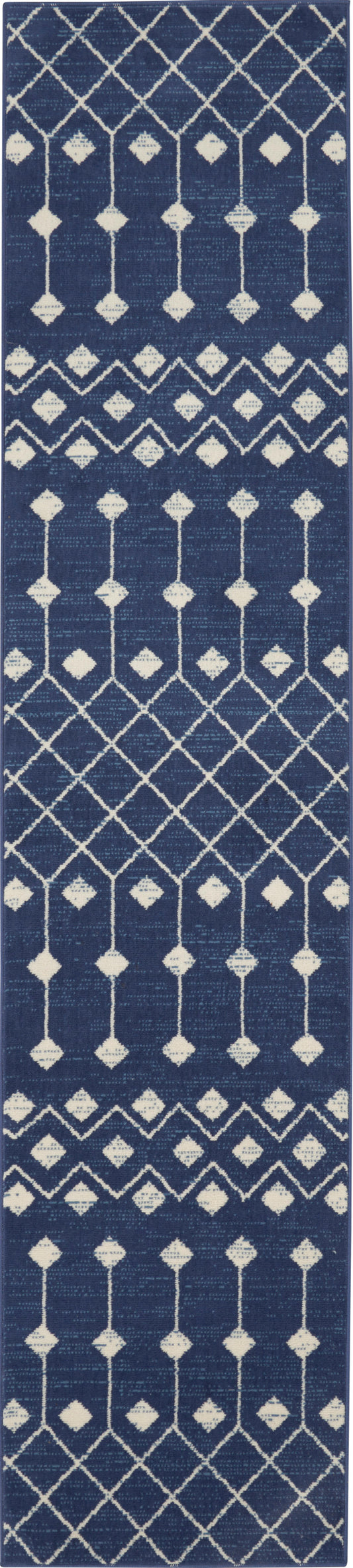 Navy blue woven rug runner with cream geometric lattice and diamond motifs in vertical bands.