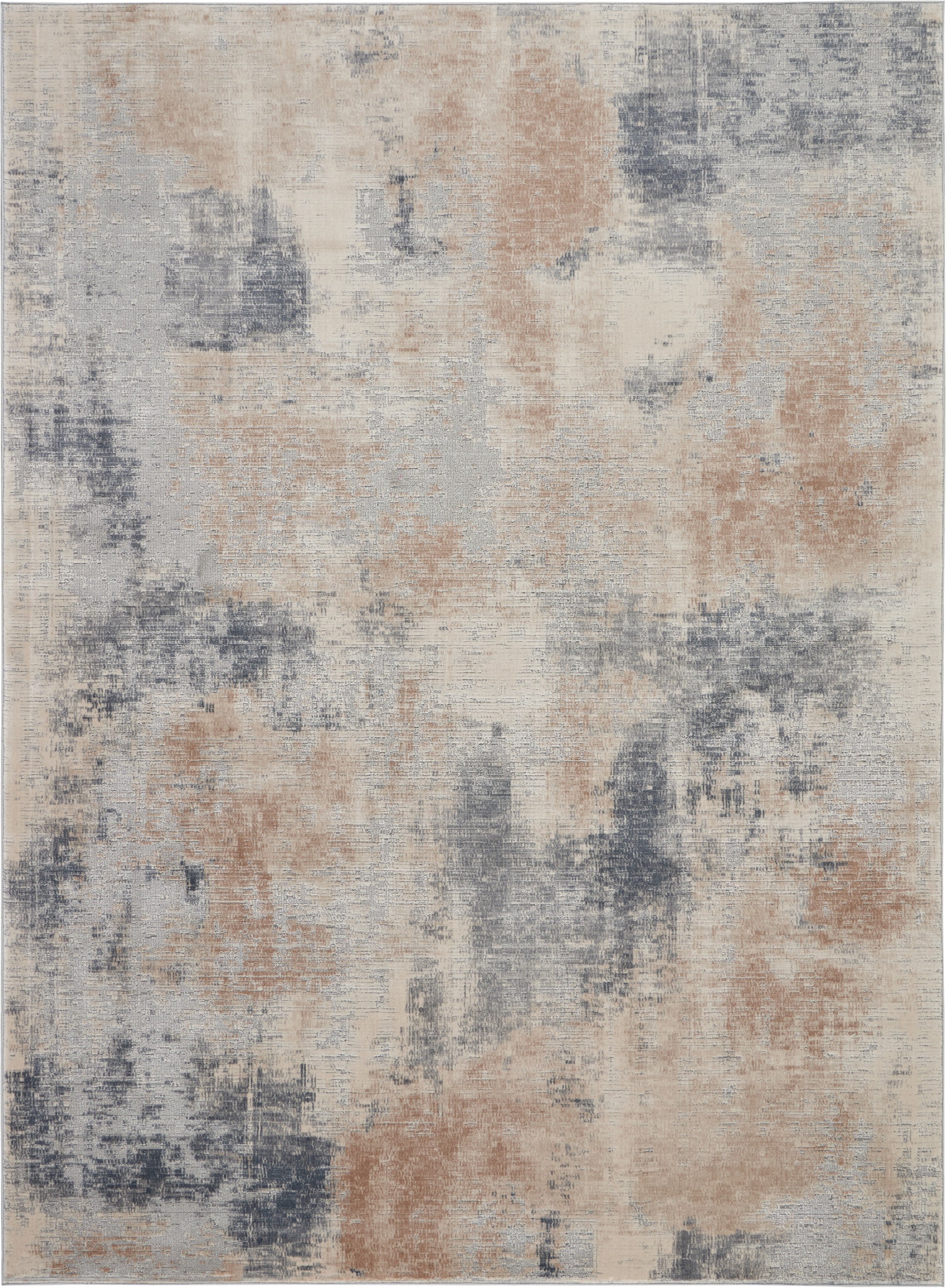 Rectangular area rug with abstract watercolor-like pattern in beige, gray, blue & peach tones.