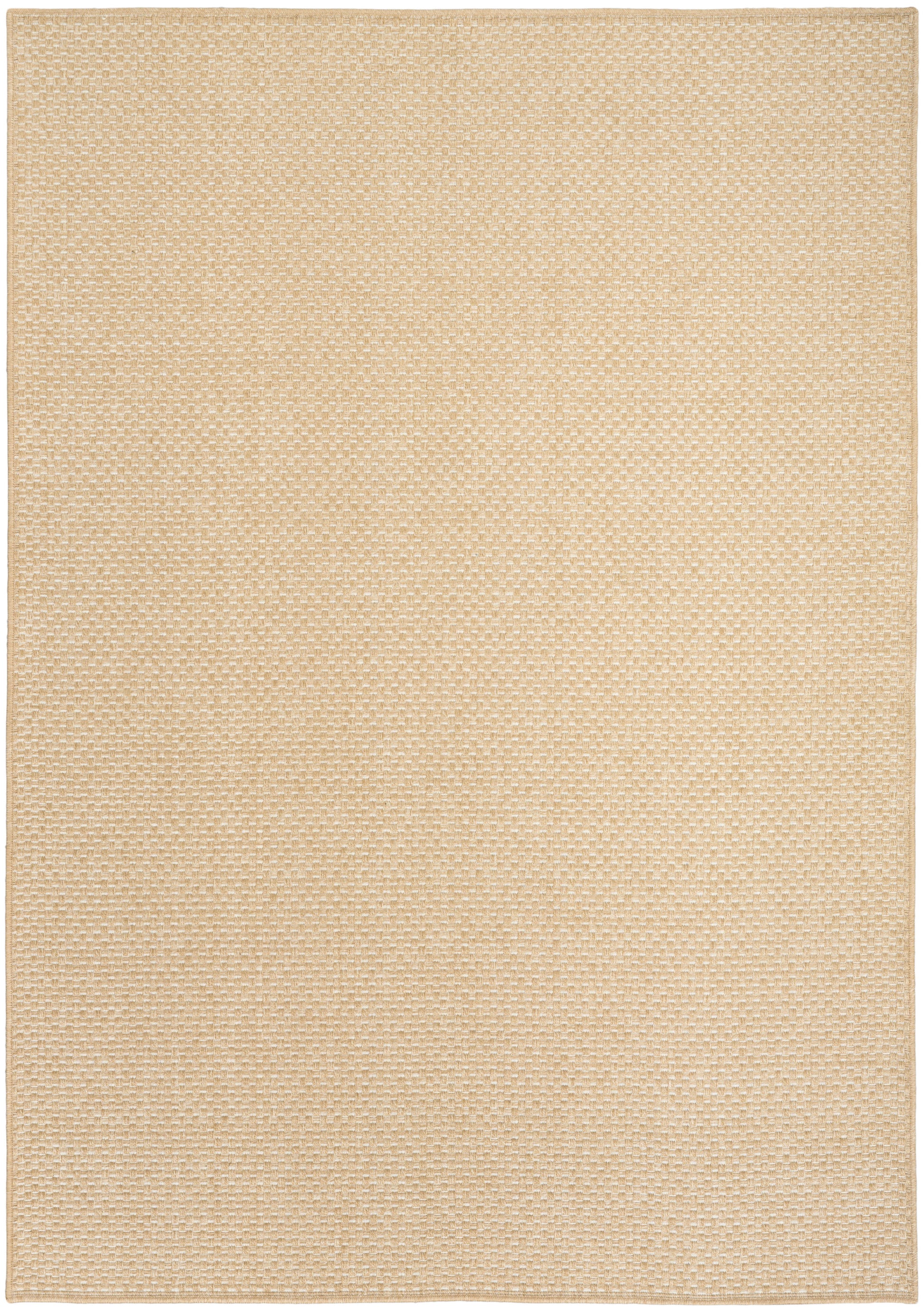 Beige woven rectangular rug with subtle grid texture; neutral floor mat.