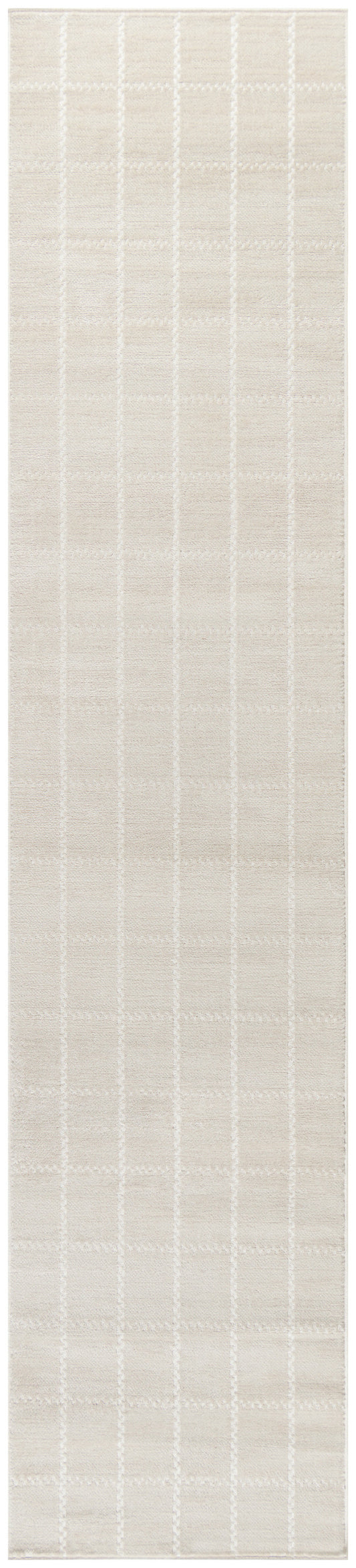 Beige woven runner rug with white grid pattern forming large squares; soft, neutral decor.