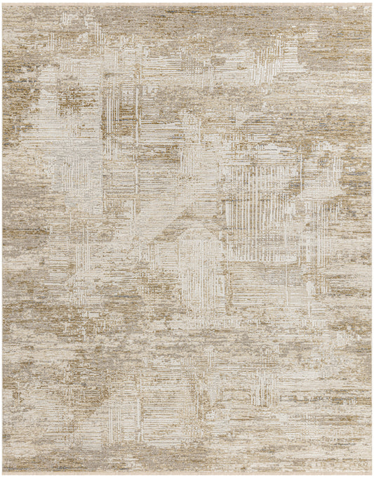Neutral beige and taupe abstract rug with distressed geometric patchwork and soft pile.