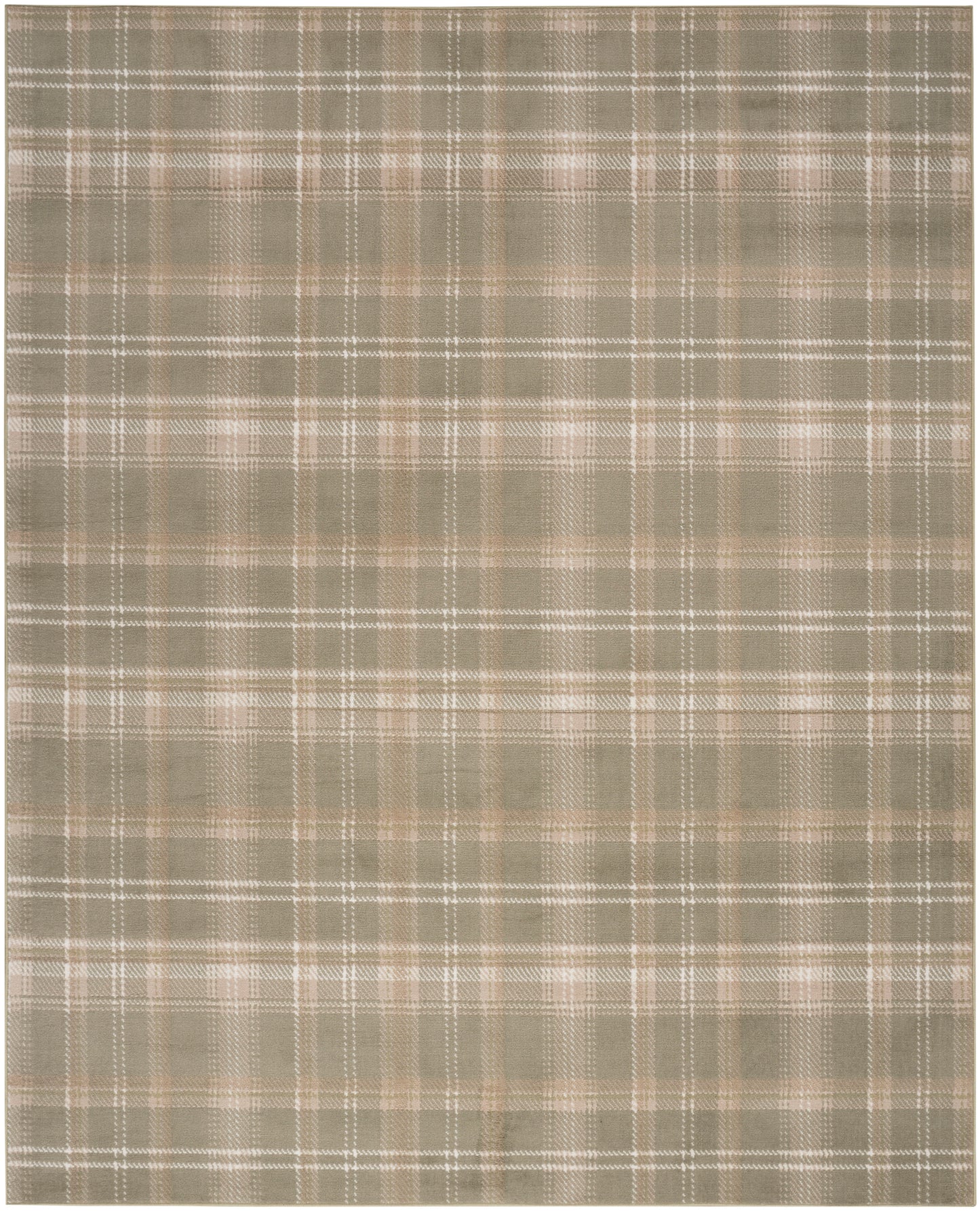 Neutral plaid fabric in beige, taupe and gray with white lines; woven textile for clothing or upholstery.