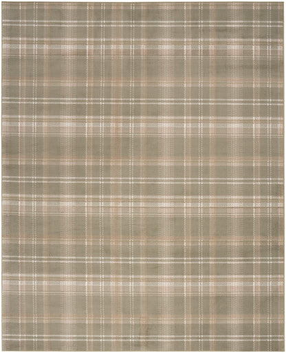 Neutral plaid fabric in beige, taupe and gray with white lines; woven textile for clothing or upholstery.
