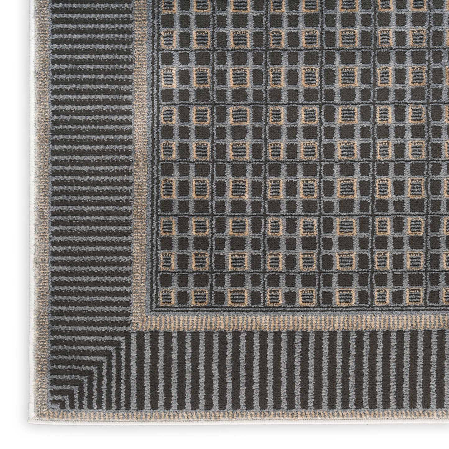 Charcoal gray geometric area rug with square grid accents in beige, framed by striped taupe border and light edge.