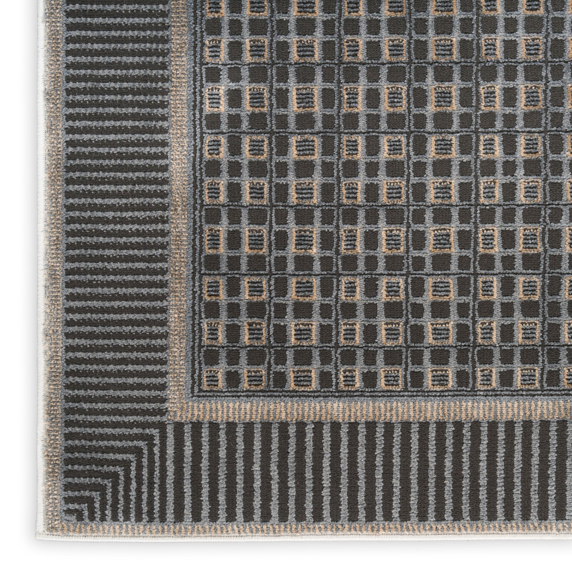 Charcoal gray geometric area rug with square grid accents in beige, framed by striped taupe border and light edge.