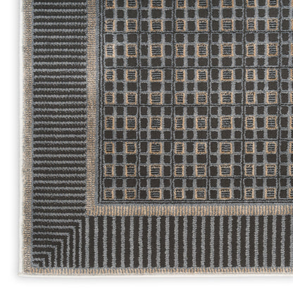 Charcoal gray geometric area rug with square grid accents in beige, framed by striped taupe border and light edge.