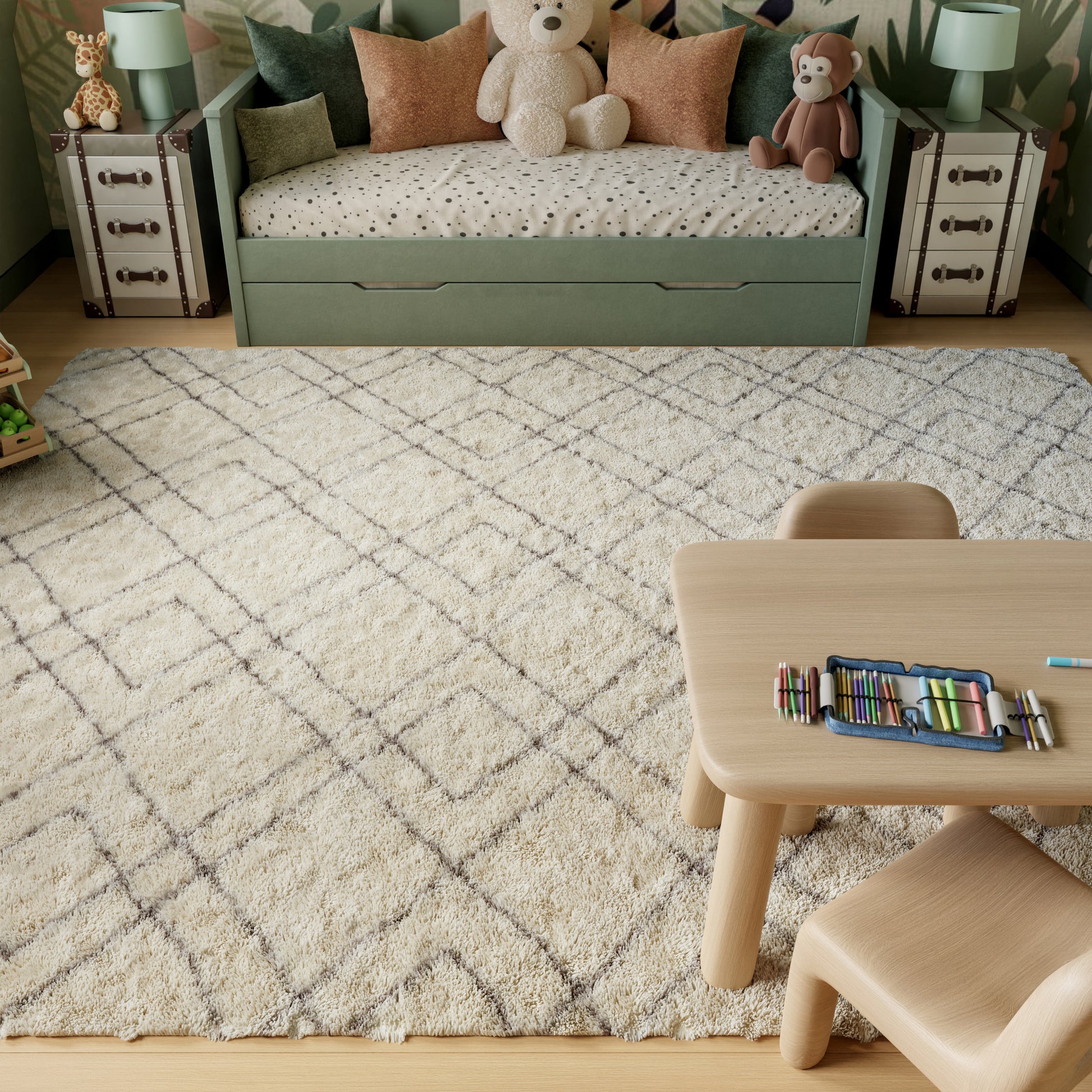 Nourison Dreamy Shag 9' x 12' ivory area rug from Primoends with ultra-plush shag pile, soft neutral color, modern indoor rug for living room or bedroom décor.