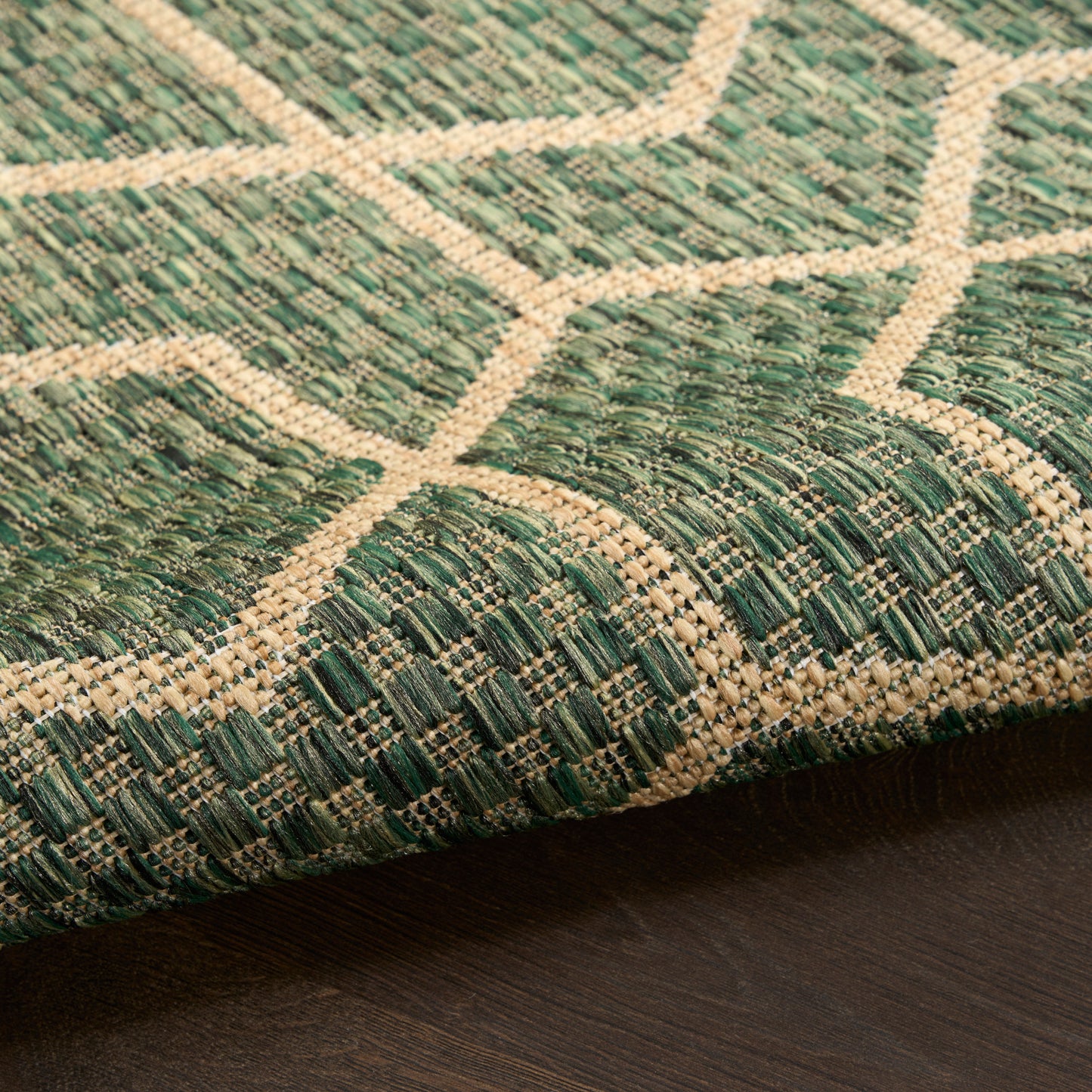 Green & beige woven rug with geometric lattice pattern, textured jute-like fibers, on wood floor.
