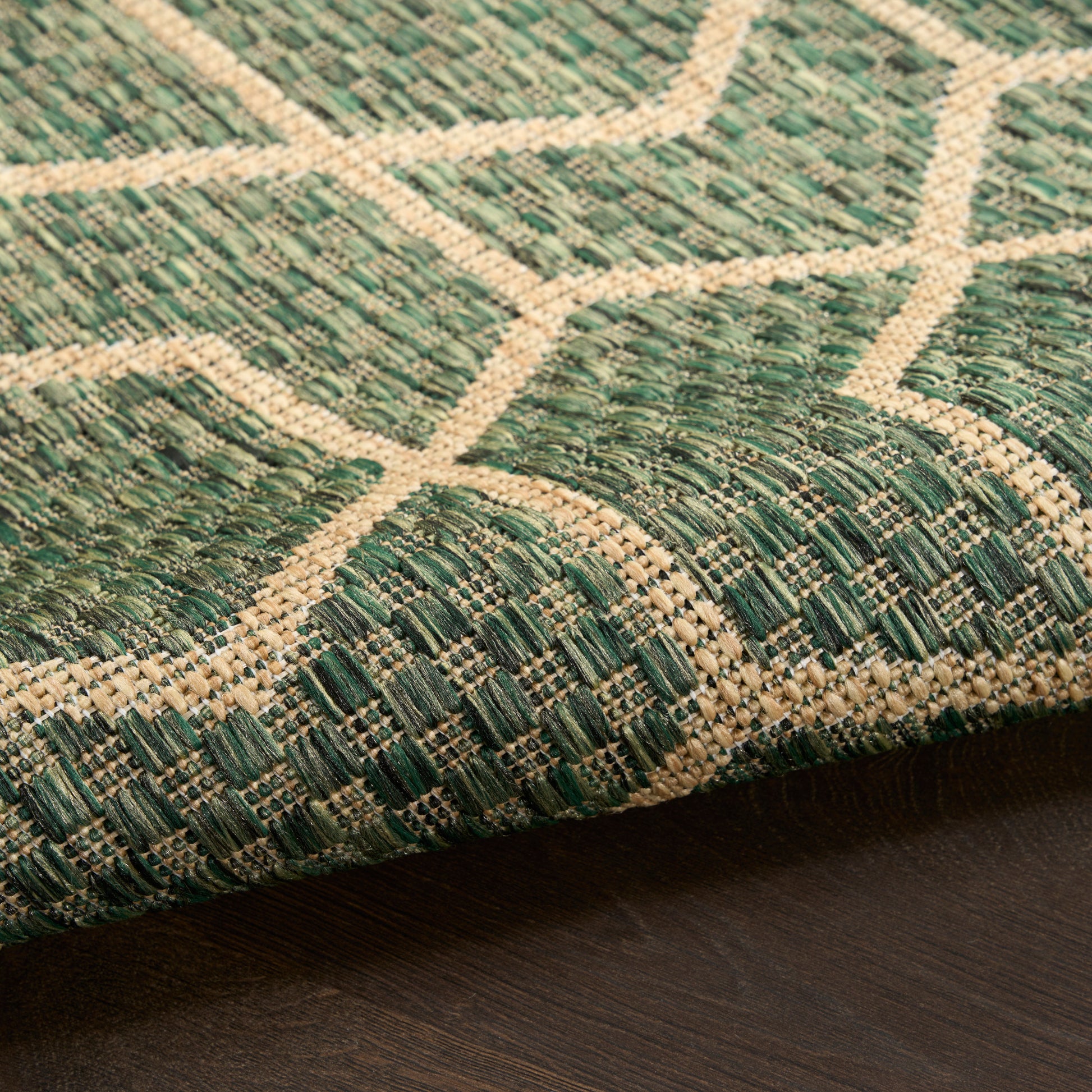 Green & beige woven rug with geometric lattice pattern, textured jute-like fibers, on wood floor.